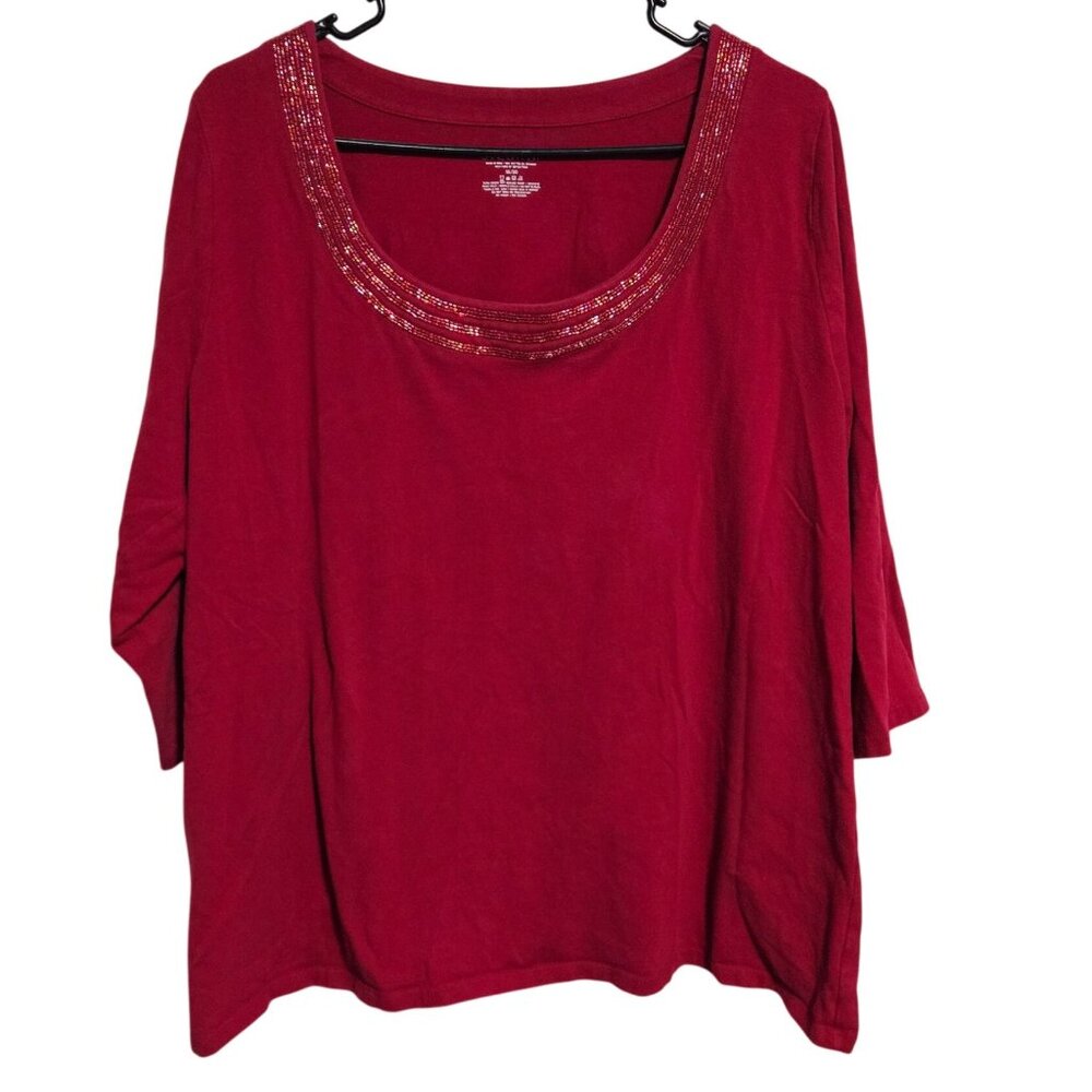 Lane Bryant Red Beaded Scoop Neck Top Womens Plus Size 18 20 Holiday Blouse